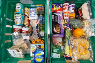 Baskets of food as part of the Community Grocers On-Wheels project