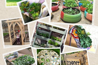 Composting and gardening collage