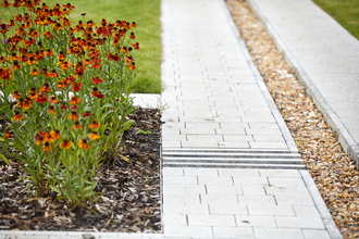 Walkway in an estate in West Gorton transformed with grass and flowers.