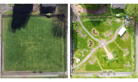 Aerial shots of the bowling green in Crowcroft Park show the transformation